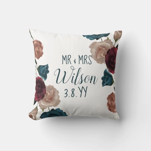 Burgund, Aquamarin, Beige Hochzeitsfeiern Rose neu Kissen (Vorderseite)