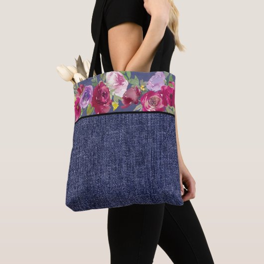 Burgund Aquarell-Blume und Denim Tasche (Von Nahem)