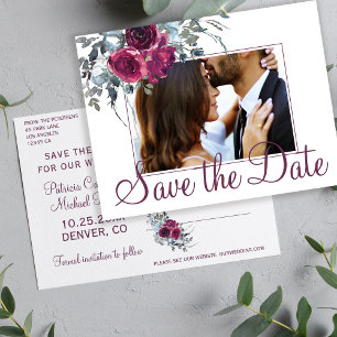 Burgund Aquarell Blumen Foto rett Datum Hochzeit Ankündigungspostkarte