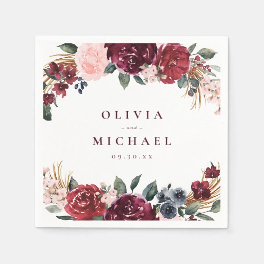 Burgund Aquarell Blütenblütenhochzeit Serviette (Vorderseite)