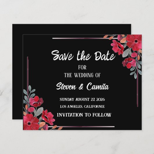 Burgund Aquarell Blütenhochzeit speichern das Datu (Vorne/Hinten)