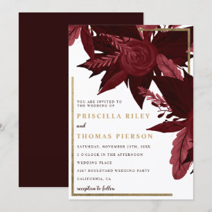Burgund Aquarell Goldfall Blütenhochzeit Einladung