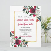 Burgund Aquarell Rose Blütengoldrahmen Hochzeit Einladung (Stehend Vorderseite)