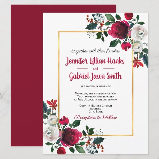 Burgund Aquarell Rose Blütengoldrahmen Hochzeit Einladung (Vorne/Hinten)