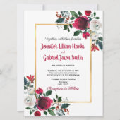 Burgund Aquarell Rose Blütengoldrahmen Hochzeit Einladung (Vorderseite)