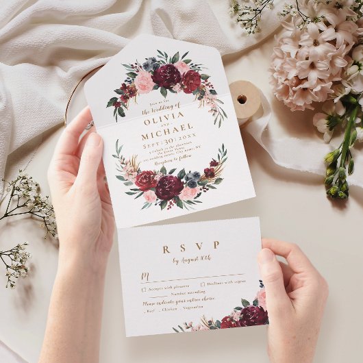 Burgund Aquarell Rustikale Hochzeit All In One Einladung