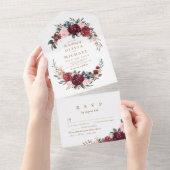 Burgund Aquarell Rustikale Hochzeit All In One Einladung (Abreißen)