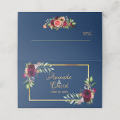 Burgund, Aquarellblumen, blauer Hochzeitstag Platzkarte (Außenseite Aufgefaltet)