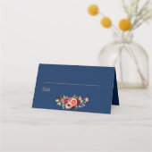 Burgund, Aquarellblumen, blauer Hochzeitstag Platzkarte (Rückseite)