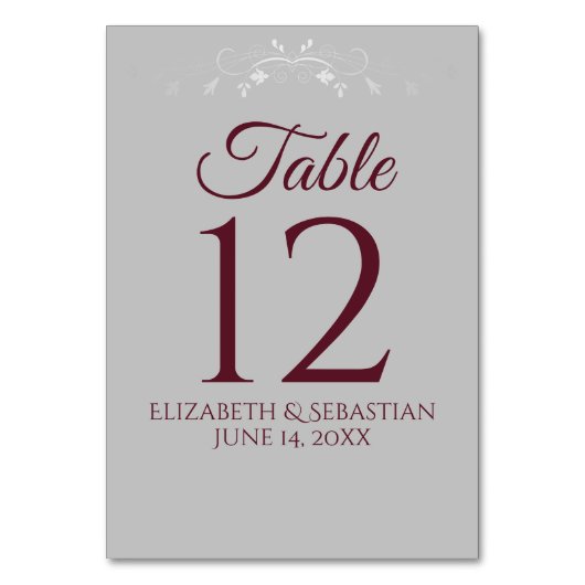 Burgund auf Grau mit Silberhochzeit Blühend Tischnummer (Vorderseite)
