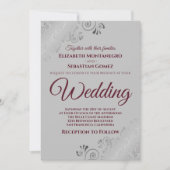 Burgund auf Gray mit Lacy Silver Frills Wedding Einladung (Vorderseite)