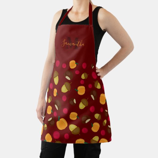 Burgund Autumn Pumpkin Berries Pattern Monogram Schürze (InSitu)