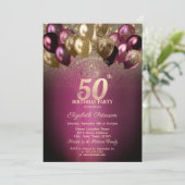 Burgund Balloons Glitzer 50. Geburtstag Einladung (Stehend Vorderseite)
