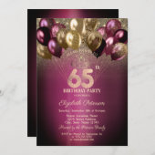 Burgund Balloons Glitzer 65. Geburtstag Einladung (Vorne/Hinten)