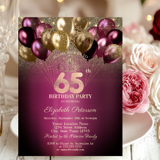 Burgund Balloons Glitzer 65. Geburtstag Einladung