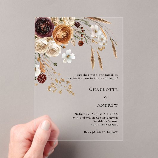 Burgund-Beige-Pampas-Flora Hochzeit Acryleinladungen (Insitu (Handheld))