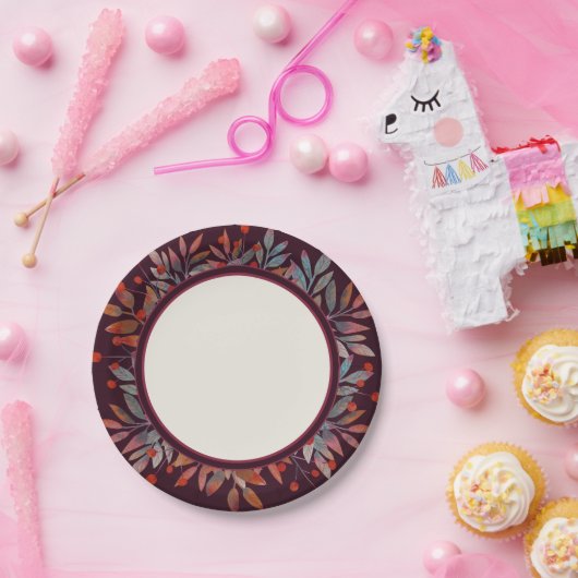 Burgund Berries & Aquamarine grüne Blätter Elfenbe Pappteller (Party)