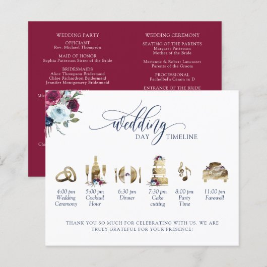 Burgund, Berry Blue Wedding Program und Timeline (Vorne/Hinten)