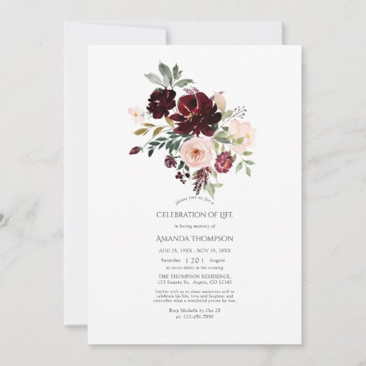 Burgund Berry & Blush Bloral Feier des Lebens Einladung (Vorderseite)