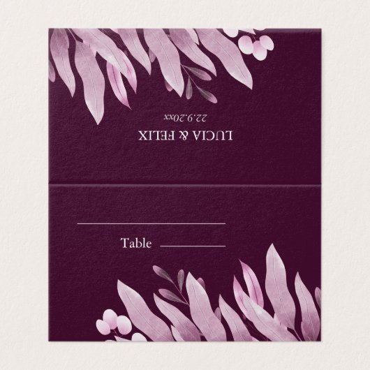 Burgund Big Blätter Hochzeit Platzkarten Visitenkarten (Außenseite Aufgefaltet)