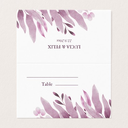 Burgund Big Blätter Hochzeit Platzkarten Visitenkarten (Außenseite Aufgefaltet)