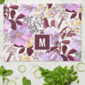 Burgund Blätter Lila Blumenmuster | Monogramm Geschirrtuch (Gefaltet)