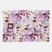 Burgund Blätter Lila Blumenmuster | Monogramm Geschirrtuch (Horizontal)