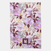 Burgund Blätter Lila Blumenmuster | Monogramm Geschirrtuch (Vertikal)