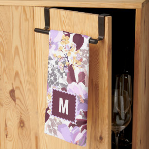 Burgund Blätter Lila Blumenmuster Monogramm Geschirrtuch
