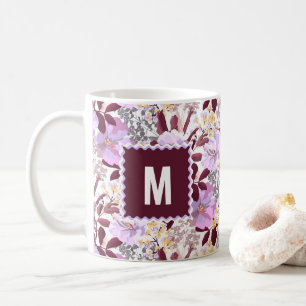 Burgund Blätter Lila Blumenmuster   Monogramm Kaffeetasse