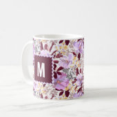Burgund Blätter Lila Blumenmuster | Monogramm Kaffeetasse (Vorderseite Links)