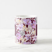 Burgund Blätter Lila Blumenmuster | Monogramm Kaffeetasse (Mittel)