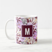 Burgund Blätter Lila Blumenmuster | Monogramm Kaffeetasse (Links)