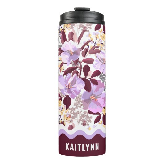 Burgund Blätter Lila Blumenmuster Personalisiert Thermosbecher (Vorderseite)