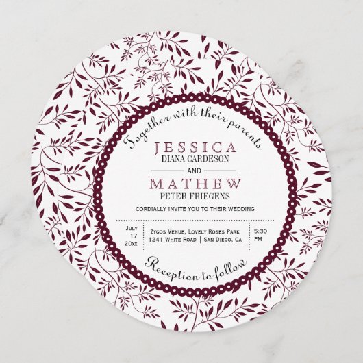 Burgund Blätter Muster moderne Blumenhochzeit Einladung (Vorne/Hinten)