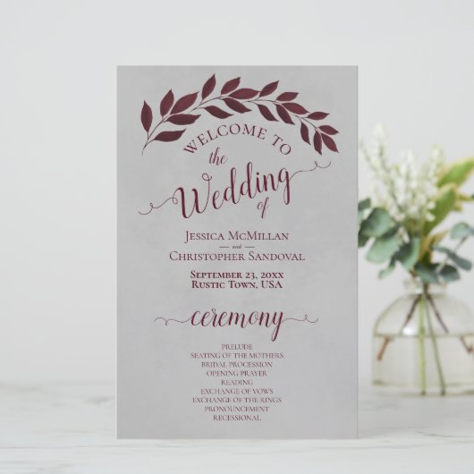 Burgund-Blätter über das Hochzeitsprogramm für Gra (Stehend Vorderseite)