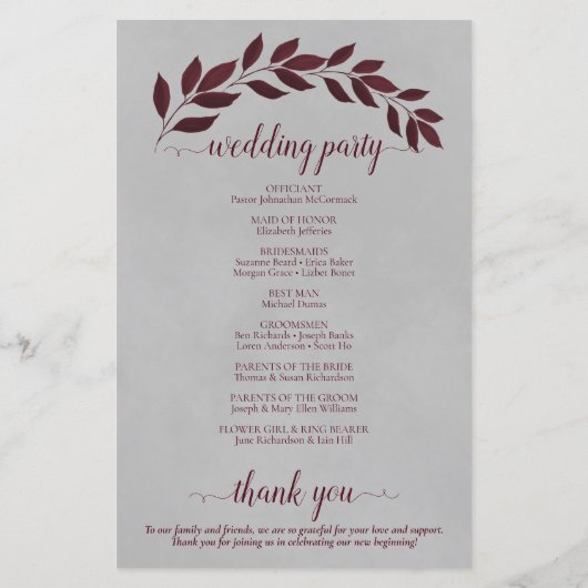 Burgund-Blätter über das Hochzeitsprogramm für Gra (Rückseite)