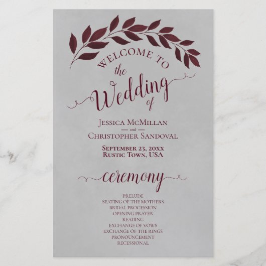 Burgund-Blätter über das Hochzeitsprogramm für Gra (Vorderseite)