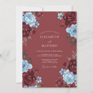 Burgund Blau Blüten Romantische Hochzeit Einladung