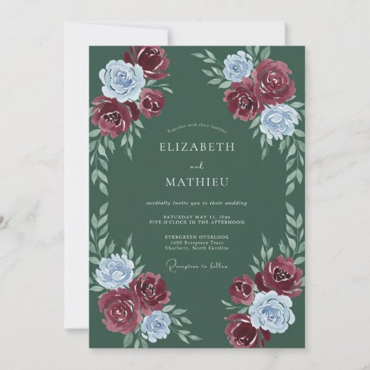Burgund Blau Florale Hochzeit Einladung (Vorderseite)