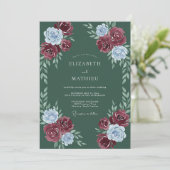 Burgund Blau Florale Hochzeit Einladung (Stehend Vorderseite)