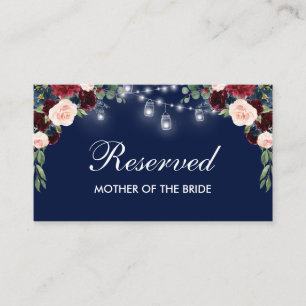 Burgund Blau Florale Lichter Hochzeit Reservierter Platzkarte