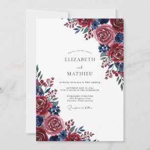 Burgund Blau Malerische Blüten Hochzeit Einladung