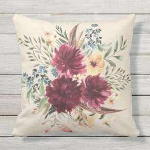 Burgund, Blau, Pfirsich Floral Outdoor Pillow 20x2 Kissen