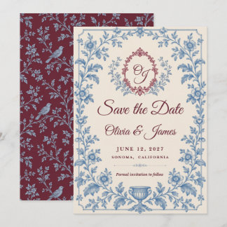 Burgund Blau Toile Monogram Hochzeitseinladung zum Save The Date