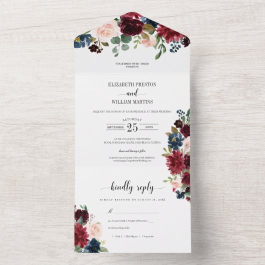 Burgund Blossom Grüne Blätter Hochzeit mit UAWG All In One Einladung (Innen Boden)