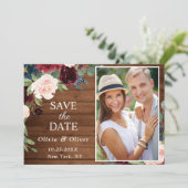 Burgund Blue Blush Rustikales FOTO Blumenhochzeit Save The Date (Stehend Vorderseite)