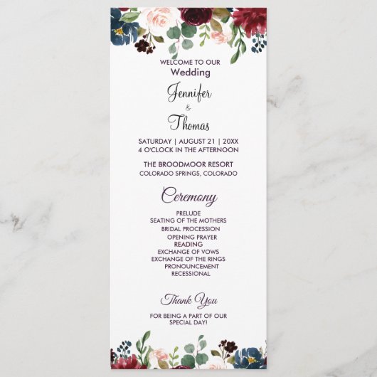 Burgund & Blue English Blume Hochzeit Programm (Vorderseite)