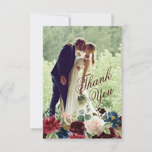 Burgund & Blue English Blume Hochzeit Vielen Dank (Vorderseite)