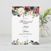 Burgund & Blue English Blume Probe Dinner Einladung (Stehend Vorderseite)